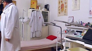 Busty brunette babe on black stockings