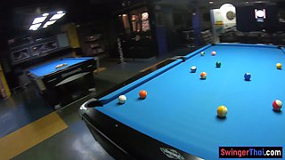 Curvy bottom Thai GF plays pool and blowjobs