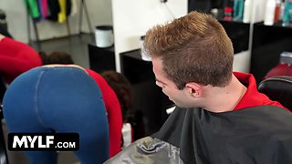 Finest milf barber in town Melody Mynx gives her customer a rod and a blowjob - mylf