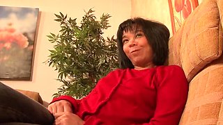 German amateur slut with Asian heritage stuffs her pussy with a big dildo - hot homemade solo scene