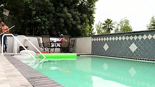 Pool boy and busty blonde Milf - big fake tits in interracia