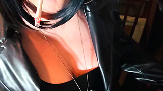 Miss Tina Snua In Leather coat & Gloves Sparks Up A cigarette Then Smokes For You Leather Lovers!