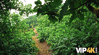 VIP4K. Crazy girl hiker fucks in the forest