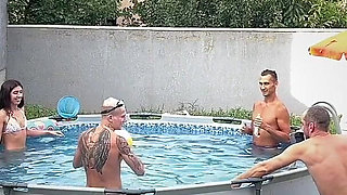 Three Guys Fucked a Sexy Girlfriend After a Pool Party - She Loves It When Cum Runs Down Her Face