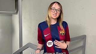 Small tits Barca supporter got double penetration in a stadium hall