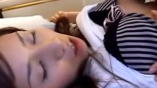 Asian Girl Getting Her Nipples Sucked Pussy Rubbed While 3 Rd Girl Sleeping On The Bed