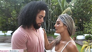 Mandy Rhea is sucking black dick poolside