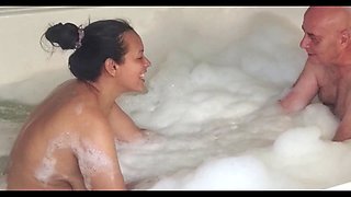 Horny mature with giant booty gets blowjob and handjob in the shower