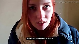 Stairwell Fuck With Parents Home - Redhead Swallows Cum - POV Teen