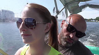 Old hunk fucks young tattooed and pierced brunette on his boat