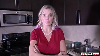 Blonde stepmoms hands are tied and she is ready to suck