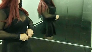 Shemale wearing lingerie stripping in public elevator
