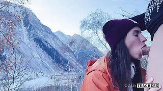 Russian teen gives amazing POV blowjob on mountain with cum in mouth