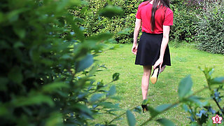 Slave Mila Plays with Her Bruised Caned Bottom Outdoors
