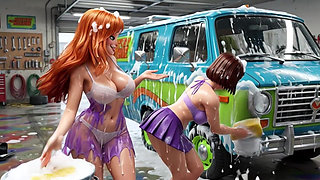 Velma and Daphne Enjoy a Sensual Soapy Nude Car Wash Cleaning the Classic Mystery Machine Van Thoroughly