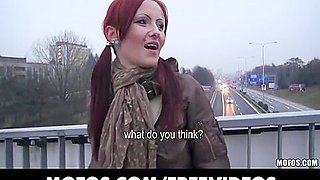 Czech redhead is paid money to flash and engulf 10-Pounder in public