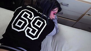 Brunette wife with big boobs gives blowjob