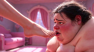 Ugly Fat SSBBW Humiliated Licking Beautiful Woman's Feet