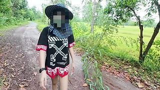 Thai Girl Walking Showing Along the Side of the Field Road in the Countryside Thai Outdoor Public