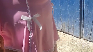 Outdoor Piss Slut in Pink Babydoll & Tan Tights. I Piss Hard While Walking Then Sitting, Soaking My Tights and White Stilettos.