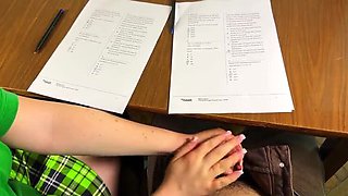Schoolgirl Helps Big Cock Under Desk During Exam for Right Answers – Handjob Cumshot
