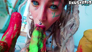 Tattooed Anuskatzz in Lingerie Double-Penetrates Ass with Crazy Dildos