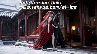 A Chinese classical beauty with skin as white as snow, dressed in red and with white hair. Blowjob, first episode, AI-generated
