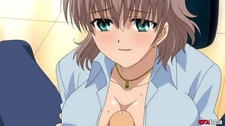 hentai, teacher with huge tits gives a boobjob to student (English)