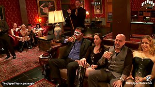 Slaves flogged and anal hardcore humped at party