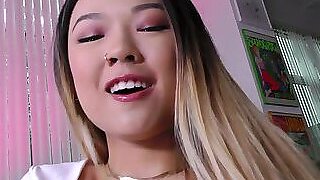 Petite BJ Asian GF sucks and rides cock in dirty talking POV