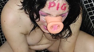 Pig Uses Hot Piss to Wash Her Face Full of Cum