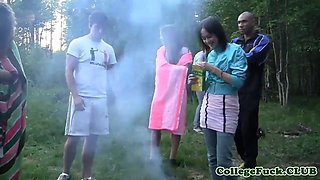 Three college chicks jizzed on tits outdoor