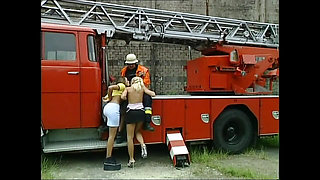 Two Amazing Young Sluts Fucked and Cummed in Mouth by Fireman with Big Cock