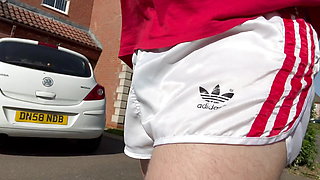 Walking around a housing estate wearing my sexy white adidas sprinter shorts