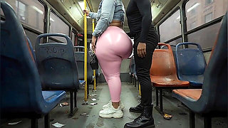 Balaclava BBW Gets Ass in Tight Shiny Pink Pants - Public Bus