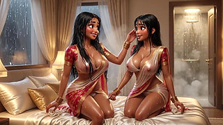Two Voluptuous Indian Lesbians Cleaning Kitchen Floor on All Fours in Revealing Traditional Attire No Panties