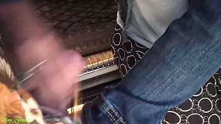 MILF Jerks off Hubby's Big Cock in Her Sexy Thong to Get His Cum Outdoors