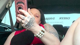 Horny Slut Watching Porn Using Dildo in Car While Driving Down the Road