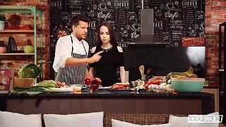 Angel Rush Sizzles in Fiery Kitchen Threesome Passion