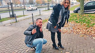 Busty blonde hooks up in public with a guy she just met