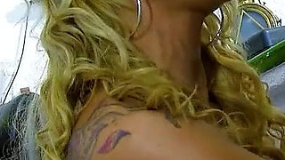 Blonde sexy secretary Ginger was banged by two work colleagues in the workshop