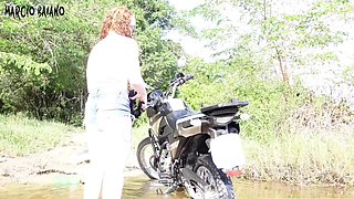 Blonde Girl Gets Her Ass Fucked Twice by a Guy Who Helped Her Wash Her Motorcycle in the Creek
