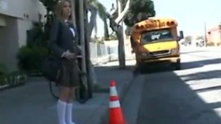 Teen girl fucks an Asian man in a school bus