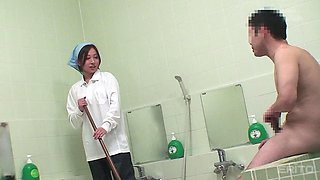 Japanese cleaning lady fucked in the bathroom by a dirty guy