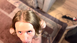 Blowjob & Cumshot on My Cute Face with Lipstick on My Boobs