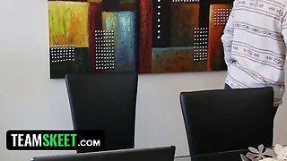 Lucky stud nails petite nanny Alex Little with his gigantic dong for masturbating while working