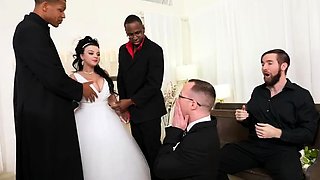 Curvy white wife with big tits spitroasted by black guys in