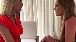 StrapOn Lesbian with big boobs fucks her blonde sexy GF