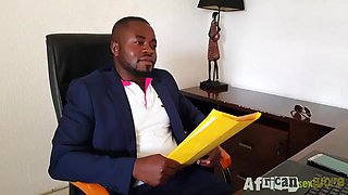 Ebony office passion erupts with wild, intense oral heat