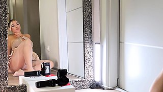 Shaved pussy blonde Tasha Reign with big boobs goes solo